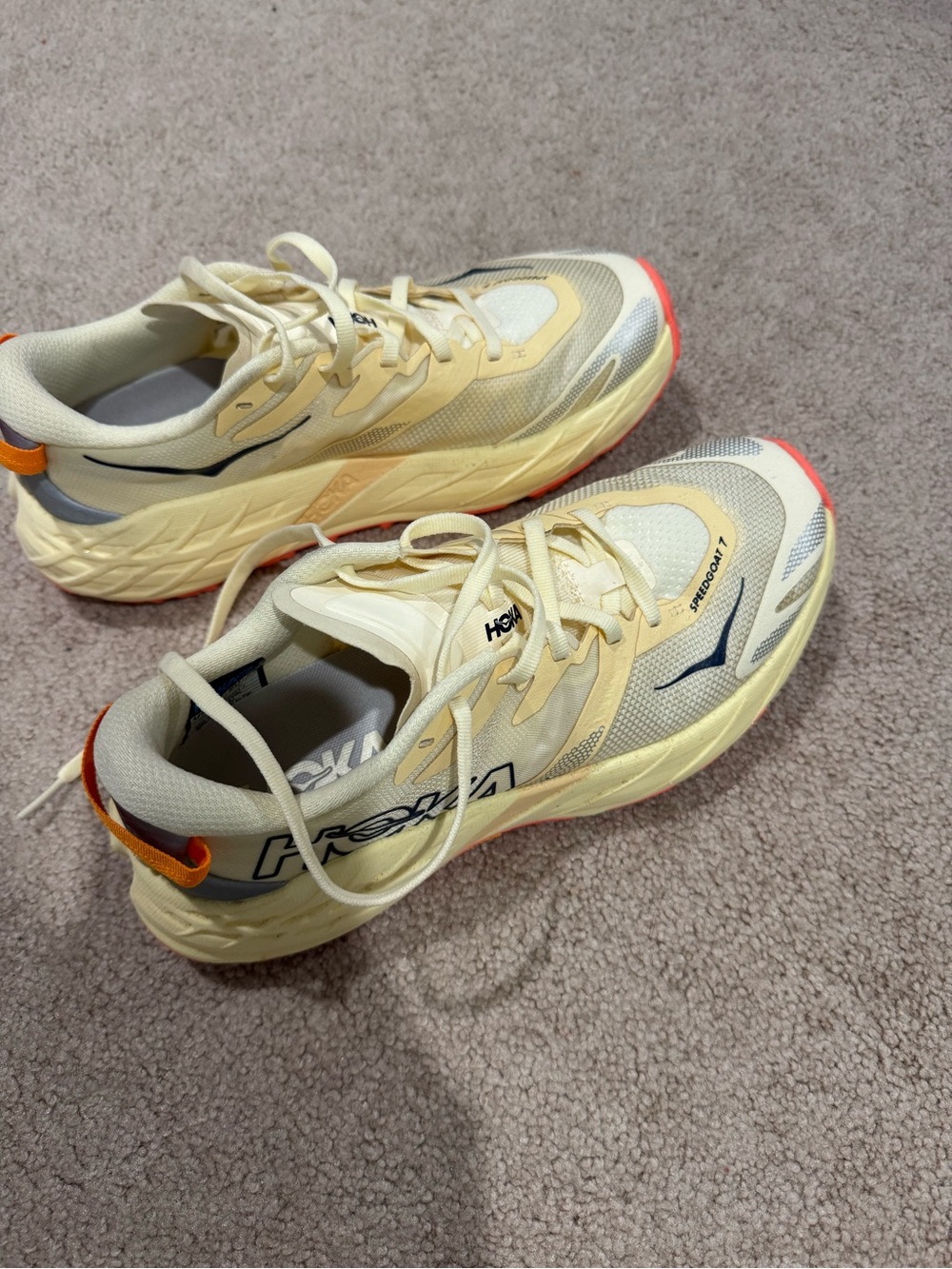 Hoka Speedgoat 7 Cream and Coral Trail Sneakers - Picture 3 of 14